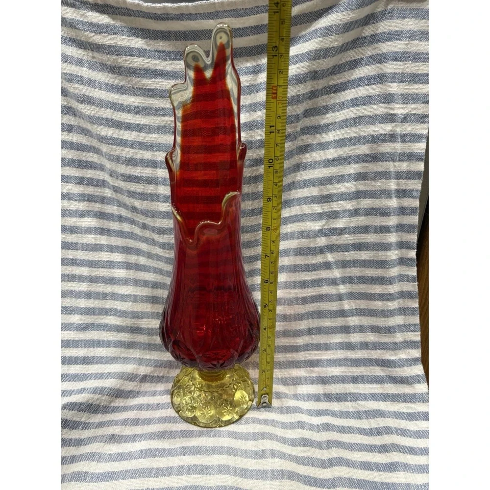 Vintage Swung Amberina Glass Vase – Red & Yellow Starburst Base 13.5 